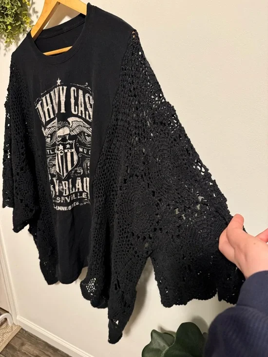 Upcycled Johnny Cash Black Graphic Tee with Crochet Cardigan Sleeves - Picture 3 of 4